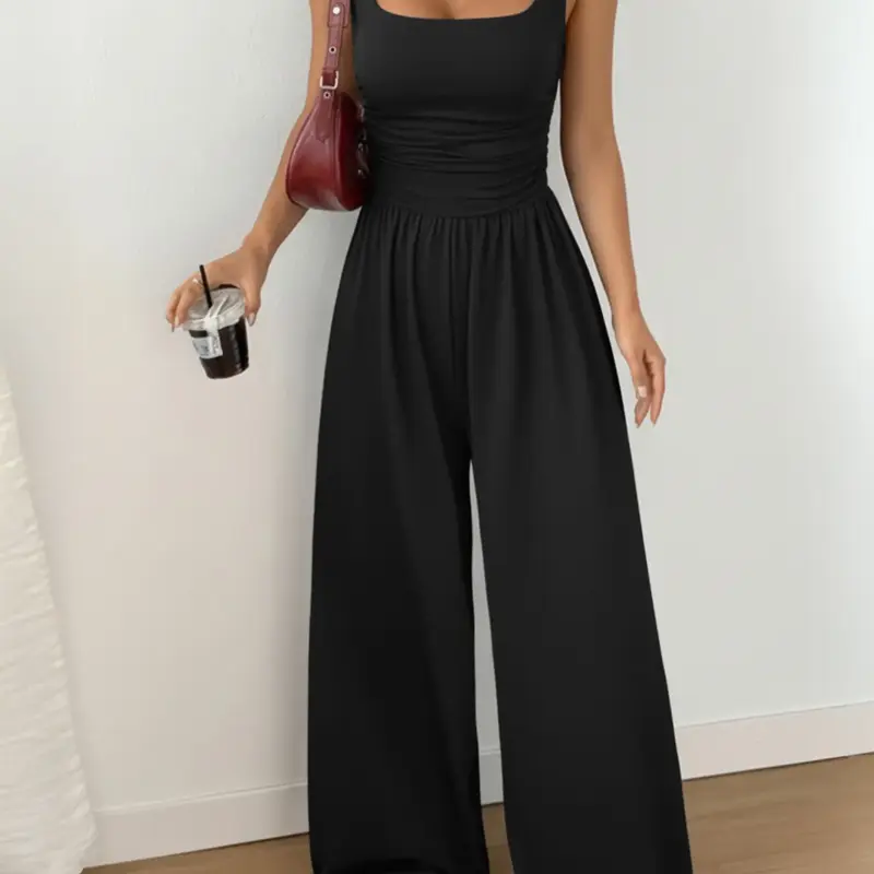Women's Casual Fit Knitted Solid Square-Neck Jumpsuit, Basic, Fashionable, Comfortable and Versatile Wide-Leg Jumpsuit, Everyday Womenswear, Fit Jumpsuits