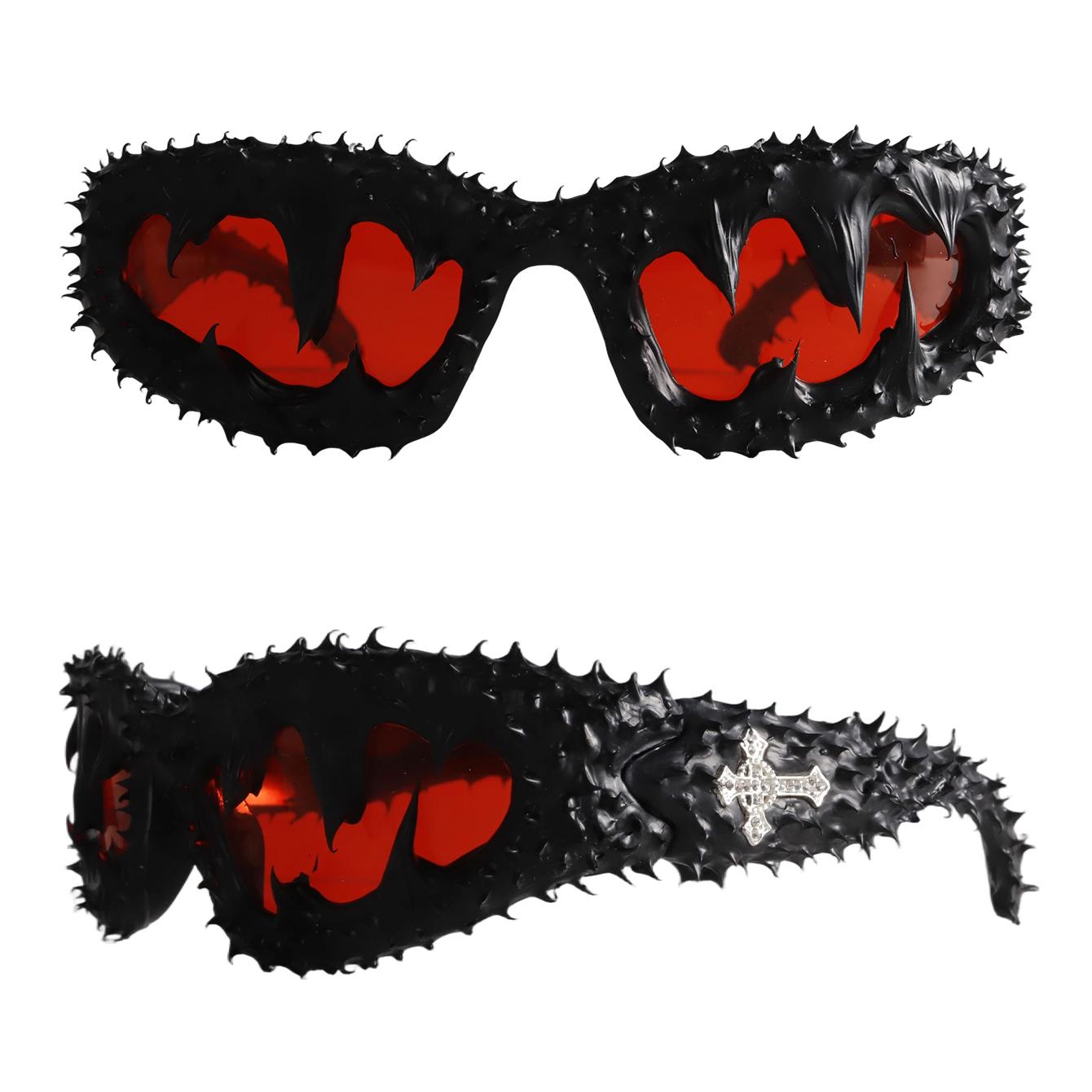 Edgy Spiked Wraparound Sunglasses - Brutalist Textured Frame with Bling Cross Embellishments, UV400 Shades Perfect for Cyberpunk Alt Girl Aesthetic and Festival Statement Looks