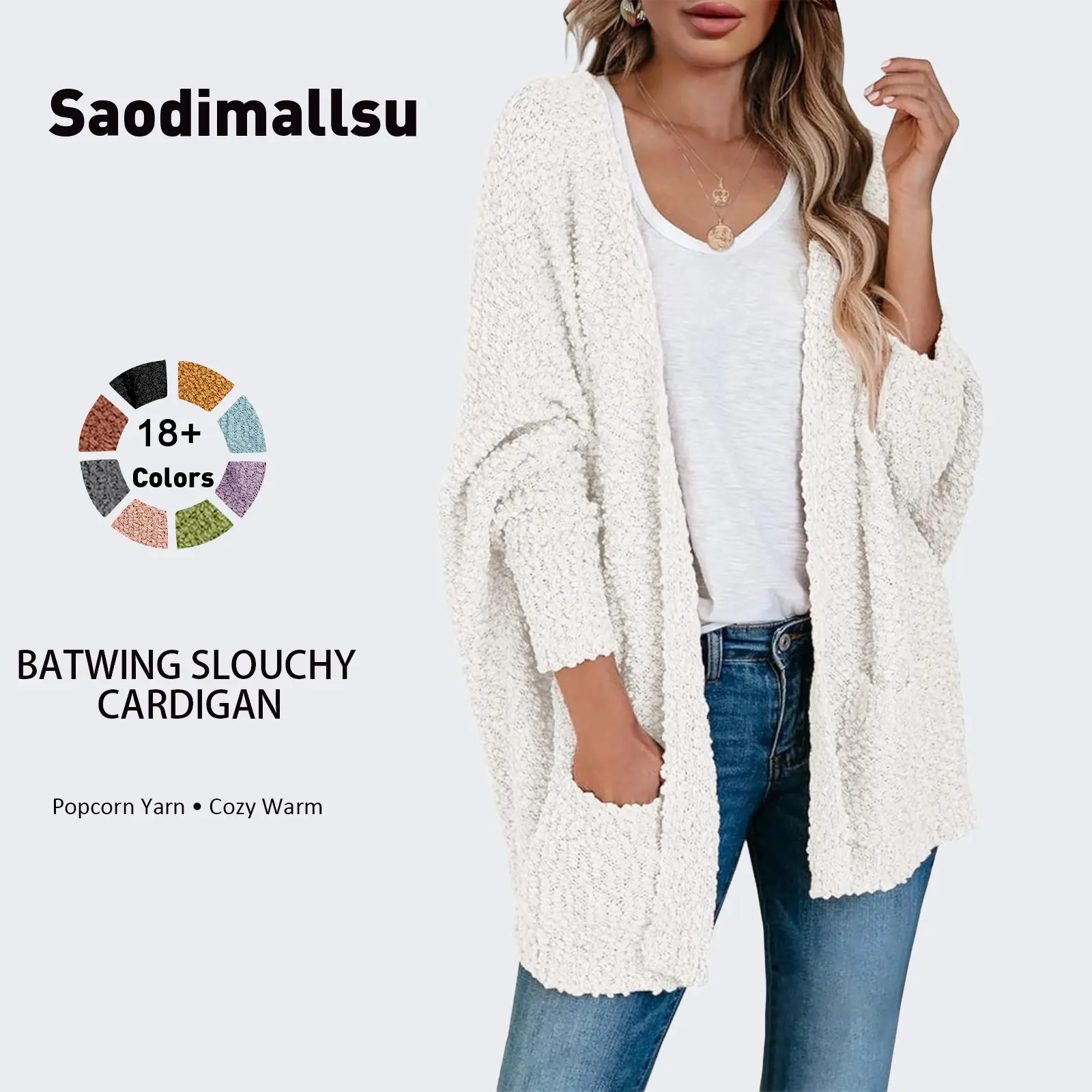 Saodimallsu Women's Oversized Open-Front Boyfriend Batwing Long-Sleeve Fuzzy Chunky Popcorn Knit Cardigan, Loose Casual Basic Knitwear Tops, Baggy, Sweaters, Thanksgiving, Valentines Day, Hand Wash Only, Holiday, Knitted