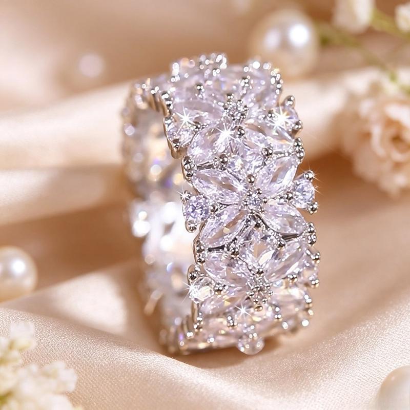 Women's Floral Wide Band Marquise Shaped Eternity Statement Ring - Full Paved Cubic Zirconia, Metal Coating, Shiny Finish, Sizes 6-10, Valentine Wedding Jewelry Gift
