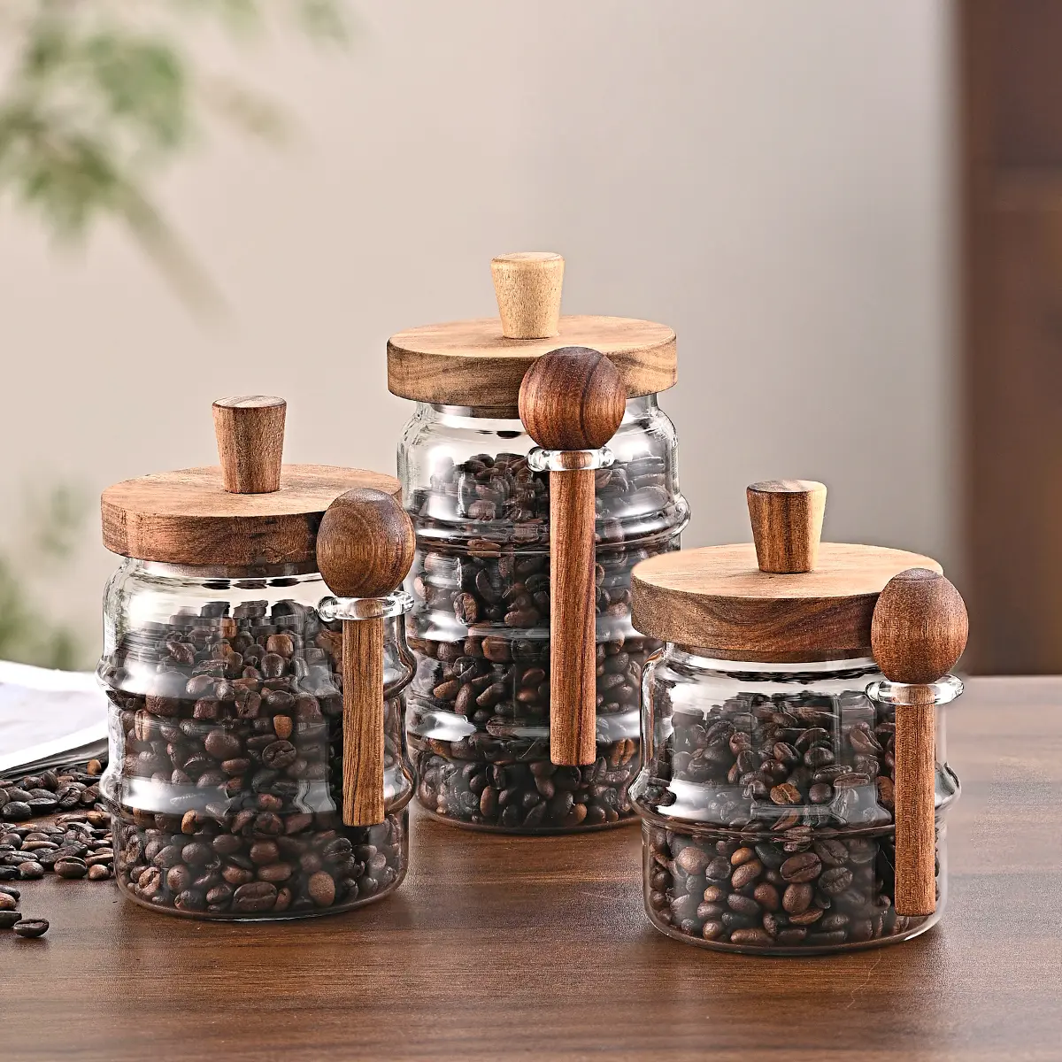 Ribbed Glass Coffee Canisters with Bamboo Lids and Spoons, Airtight Pantry Jars 15/19/25 oz