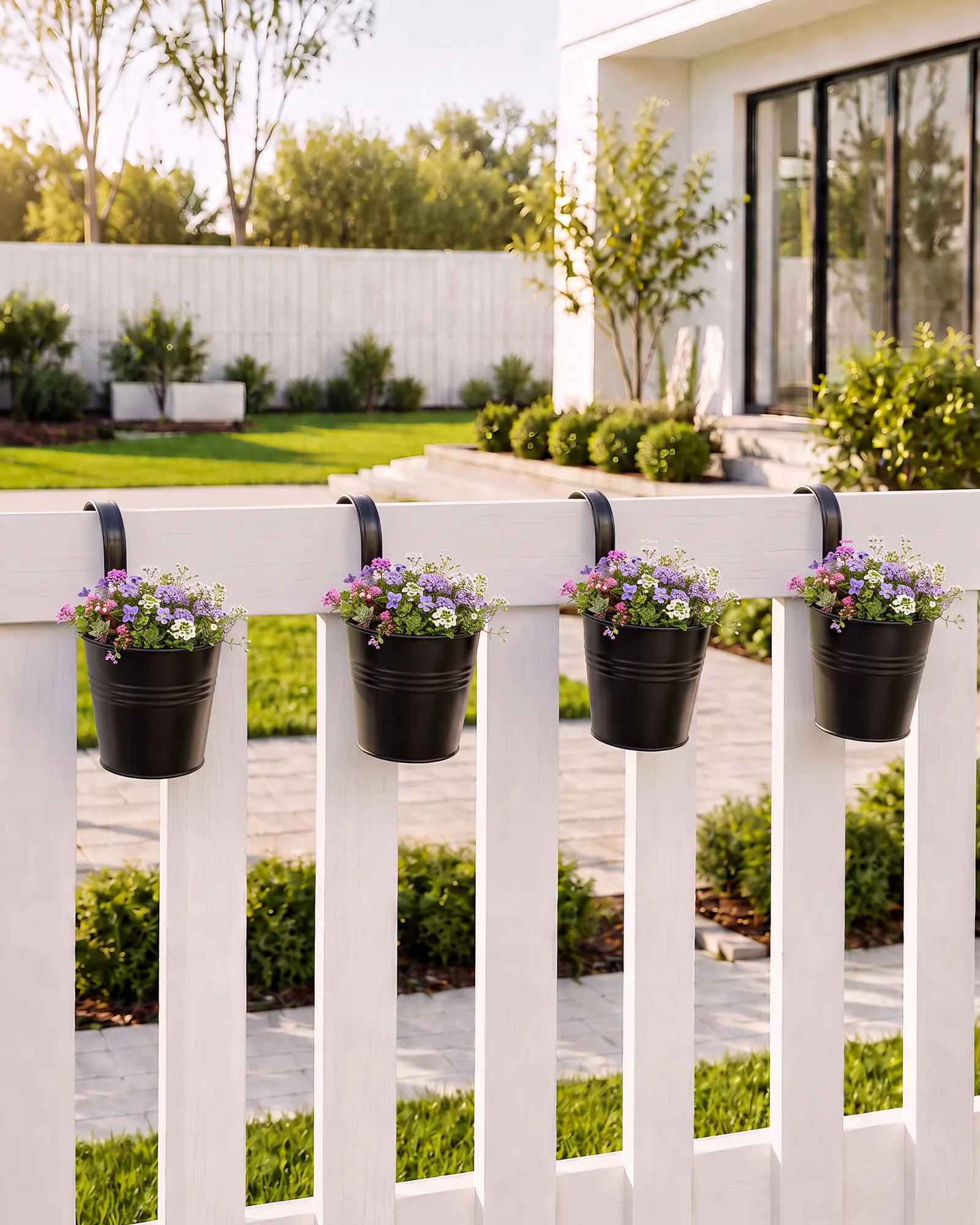 Bamworld Hanging Planter with Hooks 4 Inch Rust Resistant Metal Railing Planter, Hanging Flower Pot, Wall Planter with Removable Tray & Drainage Hole for Indoor Outdoor Windowsill (4 Pack, Black)