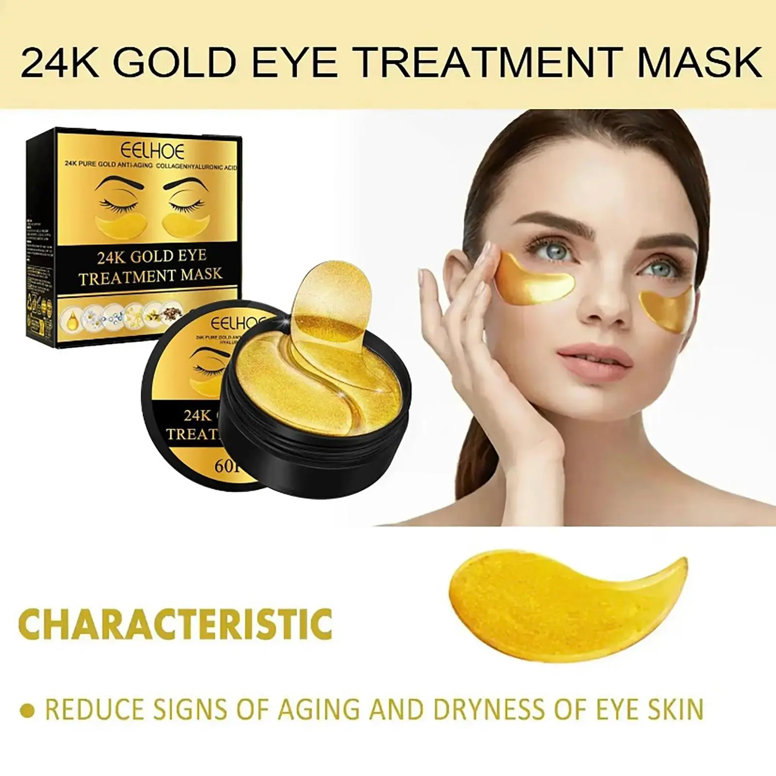 EELHOE24k Gold Fundus Patch -60 pieces of pure gold anti-aging collagen hyaluronic acid eye mask, used to remove dark circles, puffiness, and wrinkles, leaving your skin refreshed Brightening Eye Masks