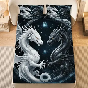 3Pcs YinYang Dragon Galaxy Fitted sheet Three Piece Set (1*Fitted Sheet+2*Pillowcases, Coreless), Fantasy theme, Mythical Dragon Bedding Set, Mattress protector Soft, Breathable