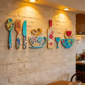 8-piece Wooden Wall Decor Set, Funny Wall Decor, Featuring Fork, Coffee Cup, and Wine Glass Designs, for Wall Decoration, Indoor Decor – Suitable for Kitchen, Café, Bar, and Holiday Decor