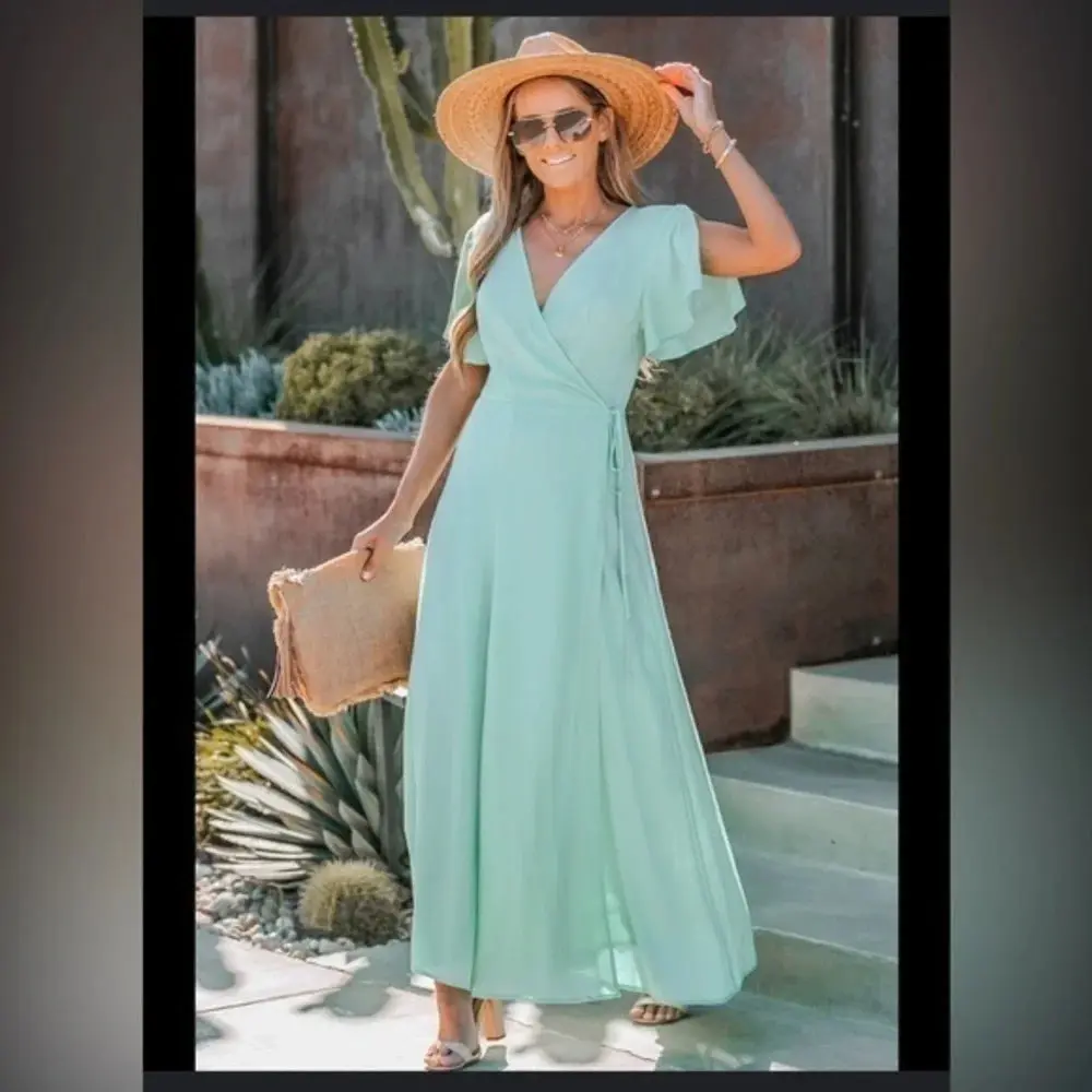 Cupshe Wrap Tie Elegant Maxi Mint Flutter Sleeve Dress‎ Size S