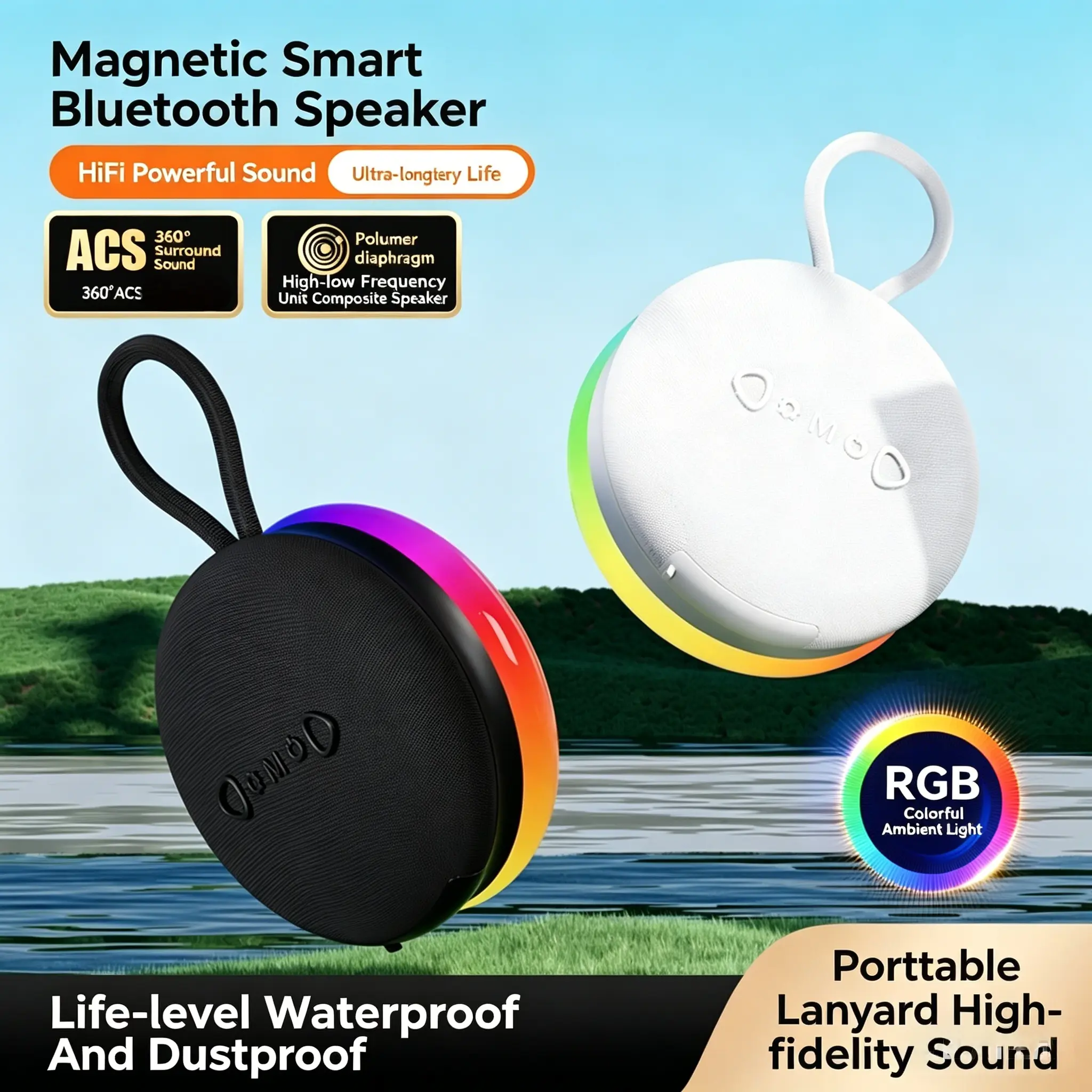 T32Magnetic Bluetooth Speaker with RGB Ambient Lighting | Portable IPX4 Waterproof Wireless Speaker | Lanyard Design | Hi-Fi Sound Quality | Long Battery Life | 360° Surround Sound | Compact Outdoor Camping Speaker