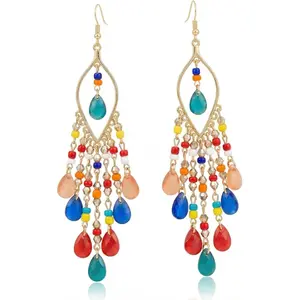 Beaded Earrings for Women Dangling Long Dangle Bead Tassel Earrings Boho Bohemian Style Fringe Hook  Elegant Bridal Wedding Accessories for Woman