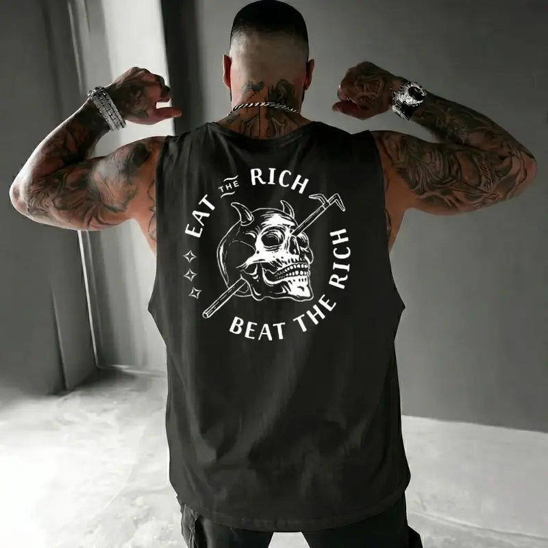 Eat The Rich Beat The Rich Print Tank Top- Tattoo Street Wear Casual Cotton Shirt, Unisex, Minimalist Style, Trending for Men & Women