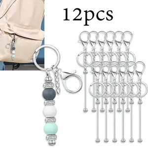 12Pcs Beadable Keychains Bars DIY Blank Beadable Keychains Metal Beaded Keychain Sliver Beads Keychain Making Kit for DIY Crafts Supplies Jewelry Making Gift