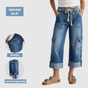 Flamingals Drawstring Flap Pocket Roll Hem High Waist Straight Leg Crop Jeans