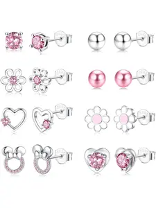 8Pairs 925 Sterling Silver Stud Earrings Jewelry for Women Girls Hypoallergenic Earrings Sets Lightweight Pink CZ Flower Daisy Cute Heart Butterfly Girls Earrings Sterling Silver Kids