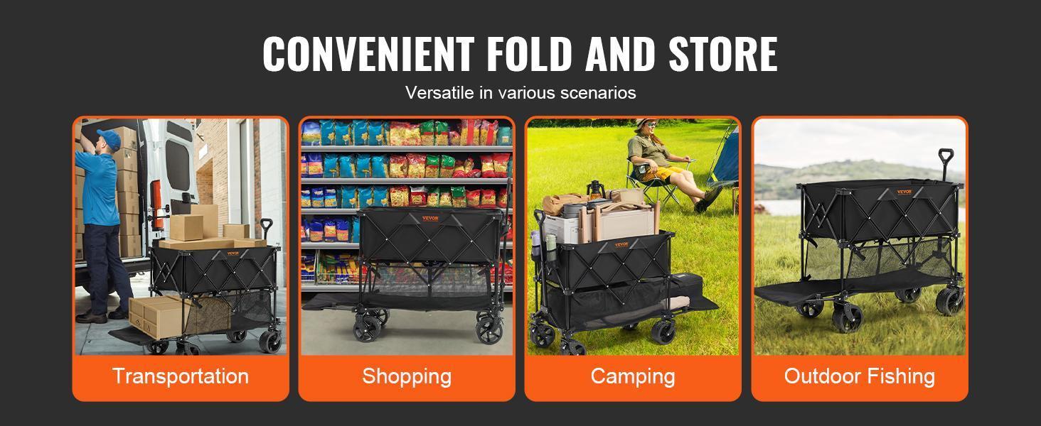 【Father's Day】VEVOR Foldable Double Decker Wagon,  Collapsible Wagon Cart with All-Terrain Wheels, Heavy Duty Folding Wagon Cart  for Camping, Shopping, Garden, 52" Extra Long Extender