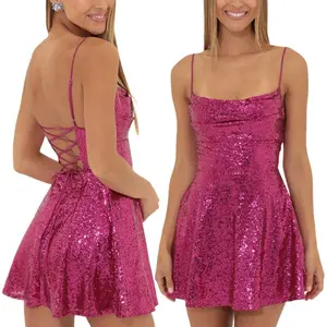 Women Shiny Sequins Dress Summer Backless A-Line Mini Party Dress for Cocktail Beach Formal Sleeveless Adjustable Birthday Fashion Polyester Rose Spandex Ruched