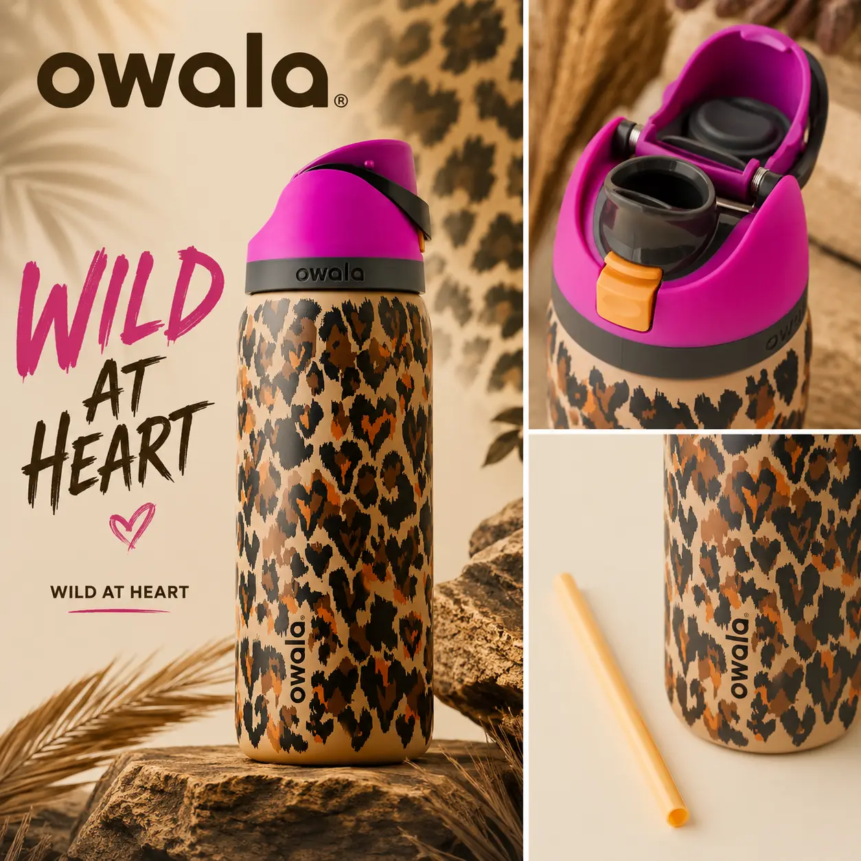 Owala Wild At Heart 30oz FreeSip Sway Water Bottle – Leopard Print Stainless Steel Leak Proof BPA Free
