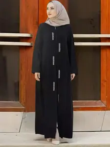 Women's Fashion Zipper Sequins Patchwork Casual Simple Long Plain Dress, Loose Fit Woven Fabric, All Seasons Wear, Muslim Evening Dress