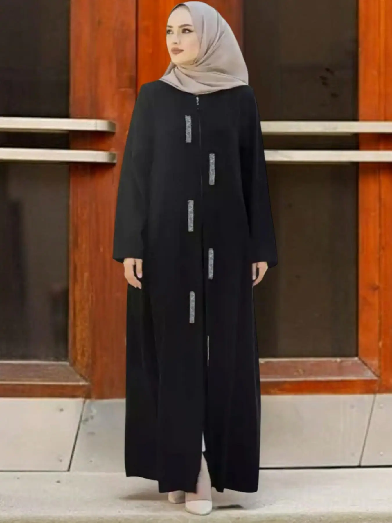 Women's Fashion Zipper Sequins Patchwork Casual Simple Long Plain Dress, Loose Fit Woven Fabric, All Seasons Wear