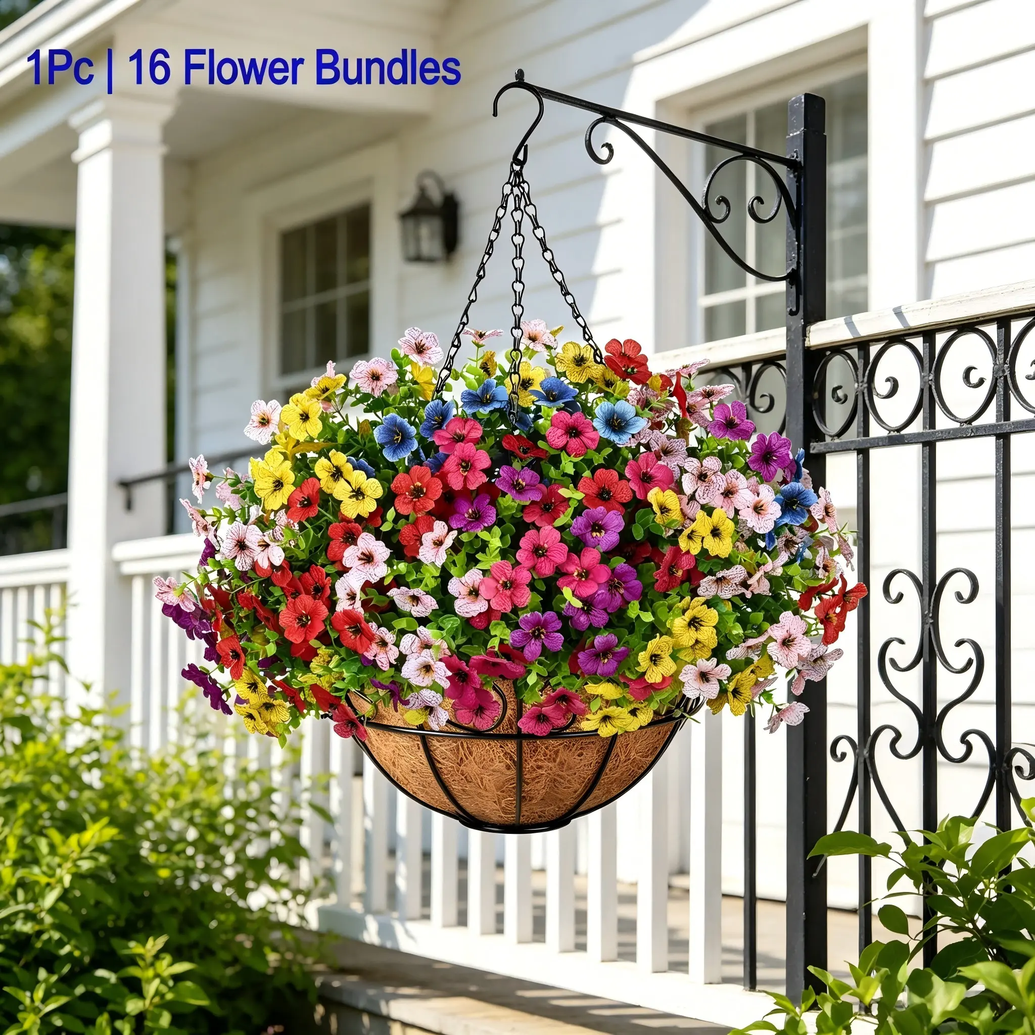 1 Piece Autumn Seasonal Artificial Hanging Bouquet, 16 Bundles Multi-Color Fake Plant Flower Basket, Ideal for Outdoor Garden Decor