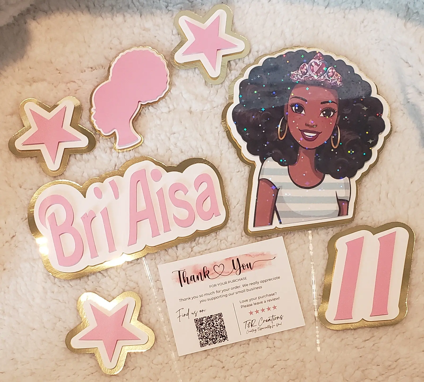 AfroAmerican Doll Personalized Cake Topper – Custom Name | Elegant Birthday Decoration