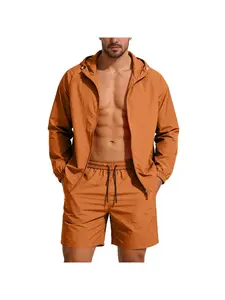 Men's Sunscreen Set UPF50+ Sun Protection Hoodies and shorts 2 Piece Windbreaker Lightweight Outdoor Jackets Sets UPF 50+ Light Jacket Full Zip Hoodie Long Sleeve Shirts for Men Mens Summer Outfits Loose Up Beachy Matching UV Performance Fishing Hooded
