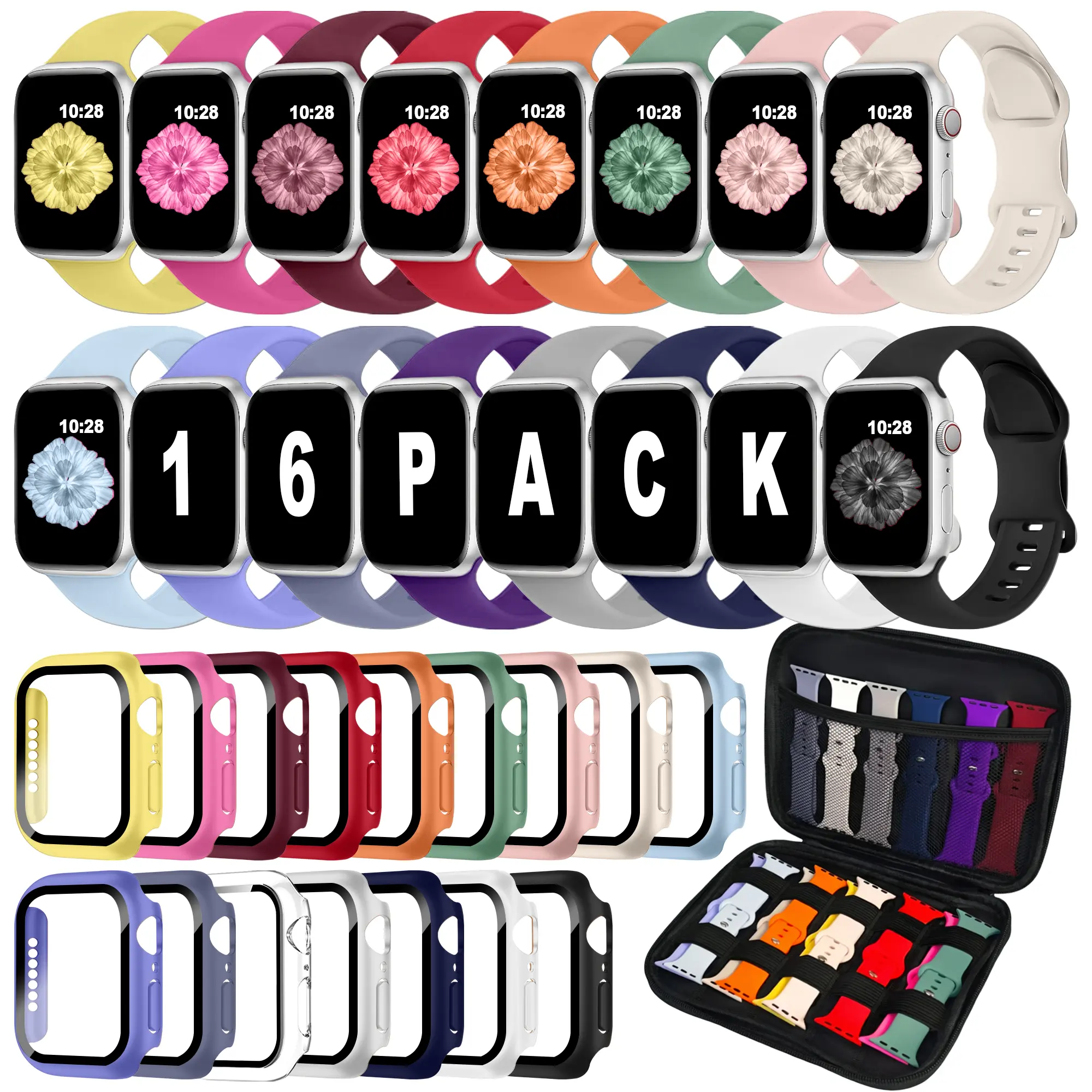 16Pack Sport Bands Compatible with Apple Watch band 38mm 40mm 41mm 42mm 44mm 45mm 46mm 49mm for Women Men, Soft Silicone Strap Replacement  with Watch Screen Protector Case & Storage Organizer for iWatch Series 11/10/9/8/7/6/5/4/3 Ultra SE  wristband