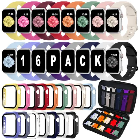 16-Pack Soft Silicone Breathable Smart Watch Strap for iWatch (38mm/40mm/41mm/42mm/44mm/45mm/46mm/49mm) - Water-Resist Replacement Bands for Women/Men, Series Ultra/10 (42mm Exclusive)/9/8/7/6/5/4/3/2/1/SE, Birthday Gift with Storage Organizer