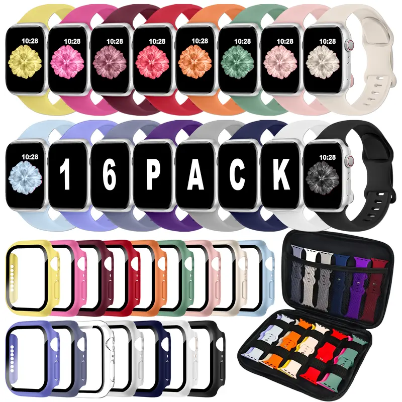 16-Pack Soft Silicone Breathable Smart Watch Strap for iWatch (38mm/40mm/41mm/42mm/44mm/45mm/46mm/49mm) - Water-Resist Replacement Bands for Women/Men, Series Ultra/10 (42mm Exclusive)/9/8/7/6/5/4/3/2/1/SE, Birthday Gift with Storage Organizer