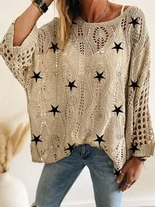 Spring Summer Women's Knit Top, One-Shoulder Batwing Long Sleeve, Star Print, Loose Fit, Casual Elegant, Bikini Cover-Up, Vacation Style, Knitwear