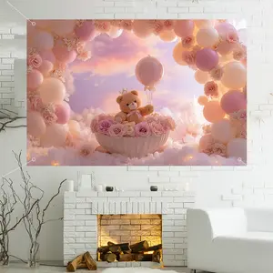 Teddy Bear Party Backdrop, 59x39 Inch Bear & Rose Banner, Perfect for Bear-Themed Baby Shower & Birthday Parties Decoration