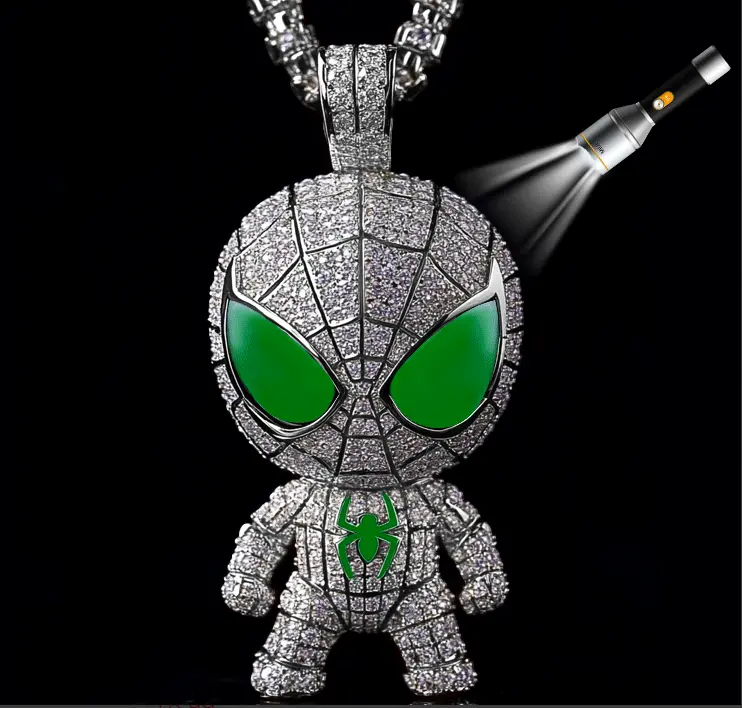 Moissanite Cartoon Spider Pendant 925 Sterling Silver with 3mm 24inches Rope Chain for Men
