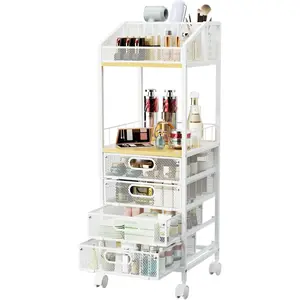 Makeup Organizer Storage Cart - Floor Skincare Make Up Storage with 4 Drawers, Rolling Makeup Cart Vanity Organizer Cosmetics Display Cases Holder for Skin Care Perfume Nail Polish