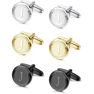 3 Pairs Initial Cufflinks For Men Classic Mens Cufflinks Set Letter Cuff Links for Casual to Formal with Gift Box Silver Black 14K gold plated Cufflinks for Father Husband