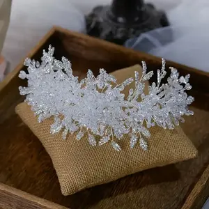 Elegant Wedding Beads Tiara Handmade Headbands Crystal Crown Hair Ornament, Luxury Crown White, for Bridal Wedding Dress