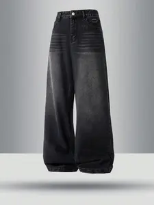 Men’s wide-leg casual jeans with a mid-rise waist and loose fit, zip fly closure; comfortable all-season long pants; distressed vintage straight-leg jeans; comfortable close-fitting style for everyday wear.