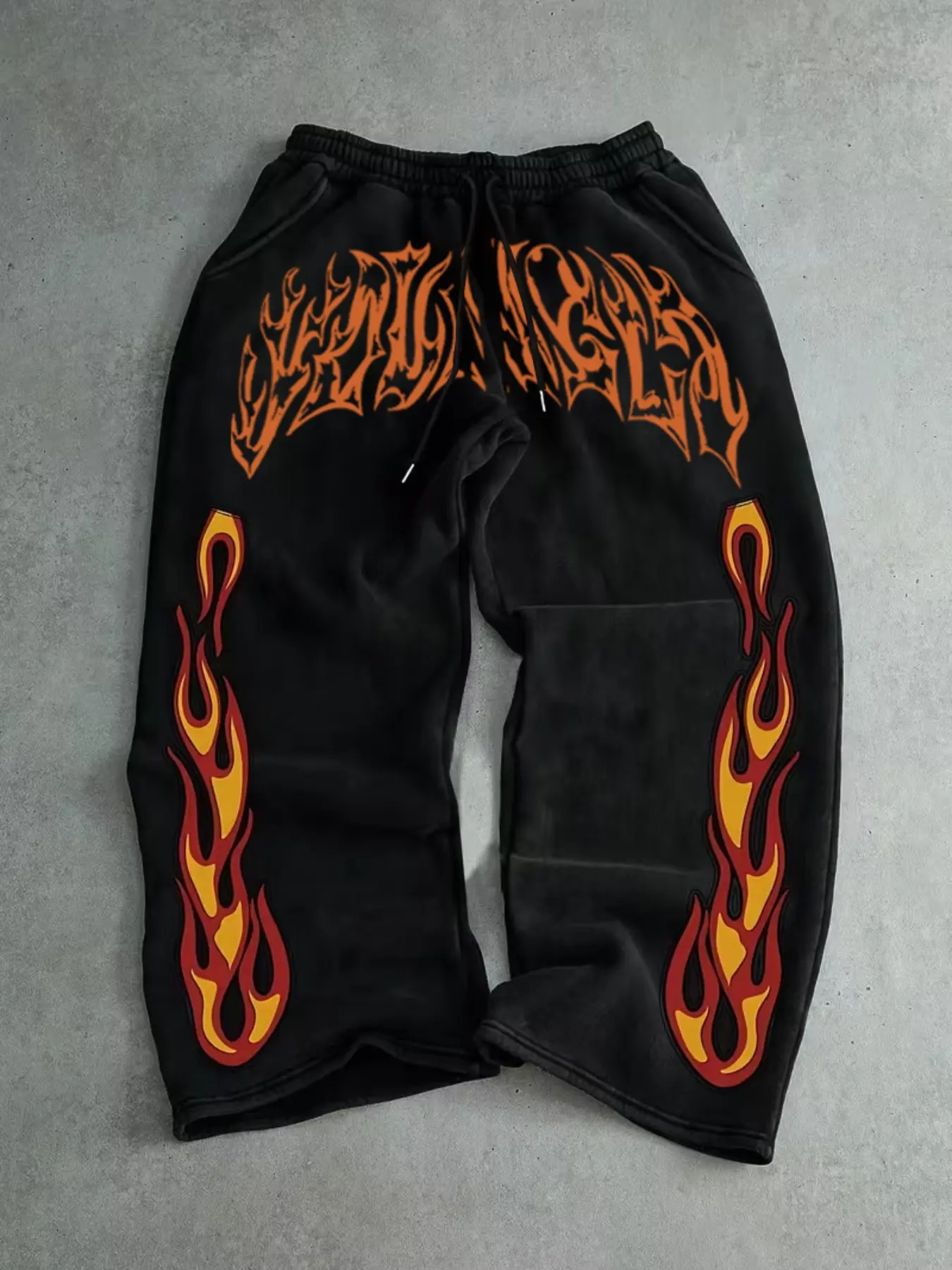 Men's Casual Sporty Long Pants, Sports Pants, Flame Pattern Print, Drawstring Wide Leg, All Season Loose Fit, Men's Fashion Clothing, Loose Drawstring Sweatpants, Drawstring Waist Sweatpants