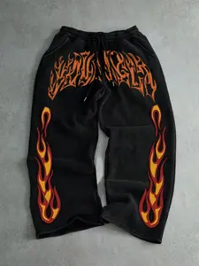 Men's Casual Sporty Long Pants, Sports Pants, Flame Pattern Print, Drawstring Wide Leg, All Season Loose Fit, Men's Fashion Clothing, Loose Drawstring Sweatpants