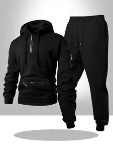 Men's Hoodie Set 2 Piece Classic Solid Color Pocket Design Pullover Hooded Sweatshirt + Drawstring Casual Sporty Pants Fall Winter Sweatsuit Set