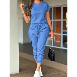 Solid Color Casual Daily Crew Neck Drawstring Cuffed Jumpsuit, Comfortable and Stylish All-Season Wear, Perfect for Everyday Use
