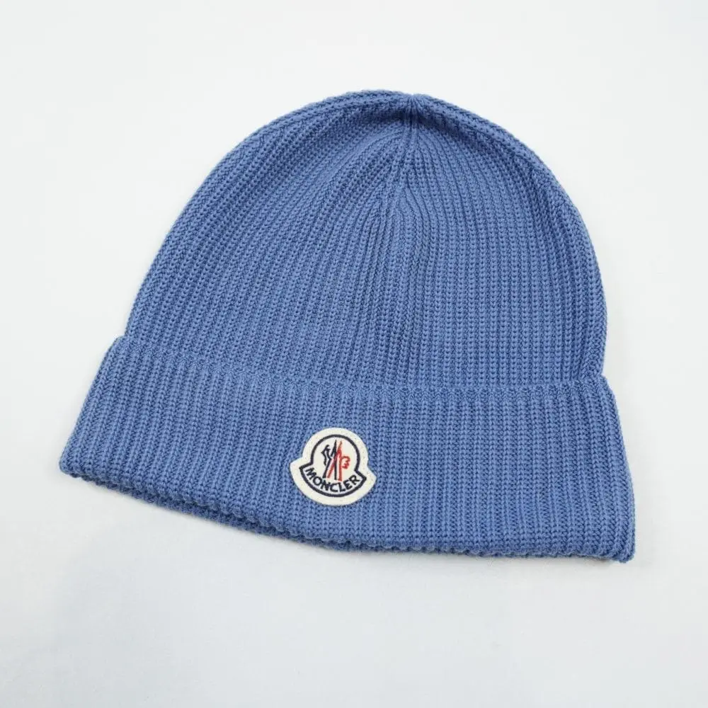 Moncler Blue Rib-Knit Beanie Hat with Logo Patch, Warm Winter Knit Cap, Unisex One Size