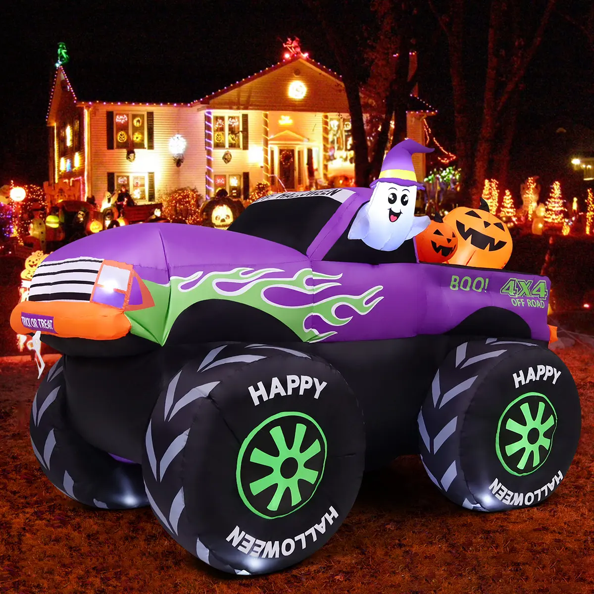 GOOSH 8 FT Long Halloween Inflatables Monster Truck Outdoor Decorations Blow Up Yard Cute Ghost with Pumpkin on Truck Car with Built-in LEDs for Garden Lawn Indoor Party Decor