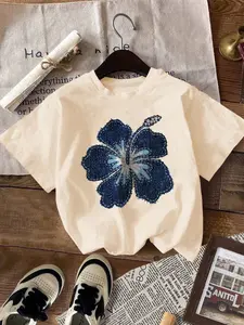 Women's Y2K Style Denim Hibiscus Floral Graphic T-shirt, Oversized Versatile Short-sleeve Top, Trendy Casual Summer Tee for Daily Wear & Beach Vacations
