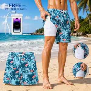 Mens 2 In 1 Swim Trunks Compression Liner Quick Dry Beach Shorts Zipper Pockets No Chafing Boardshorts Hydrophobic Fabric Swimming Surfing Water Sports Breathable Anti Odor Summer Vacation Pool Party Swimwear Drawstring Waist Athletic Shorts Performance T