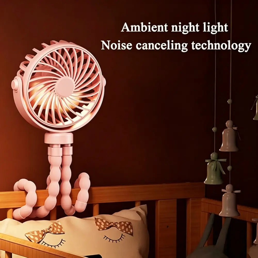 Octopus Clip On Stroller Fan with Ambient Night Light, 3 Speed Adjustable Portable Mini Baby Fan, Built-in 500mAh Rechargeable Battery Quiet USB Cooling Fan for Crib Stroller Car Seat Outdoor Travel Rechargeable Fans Battery Operated Fan