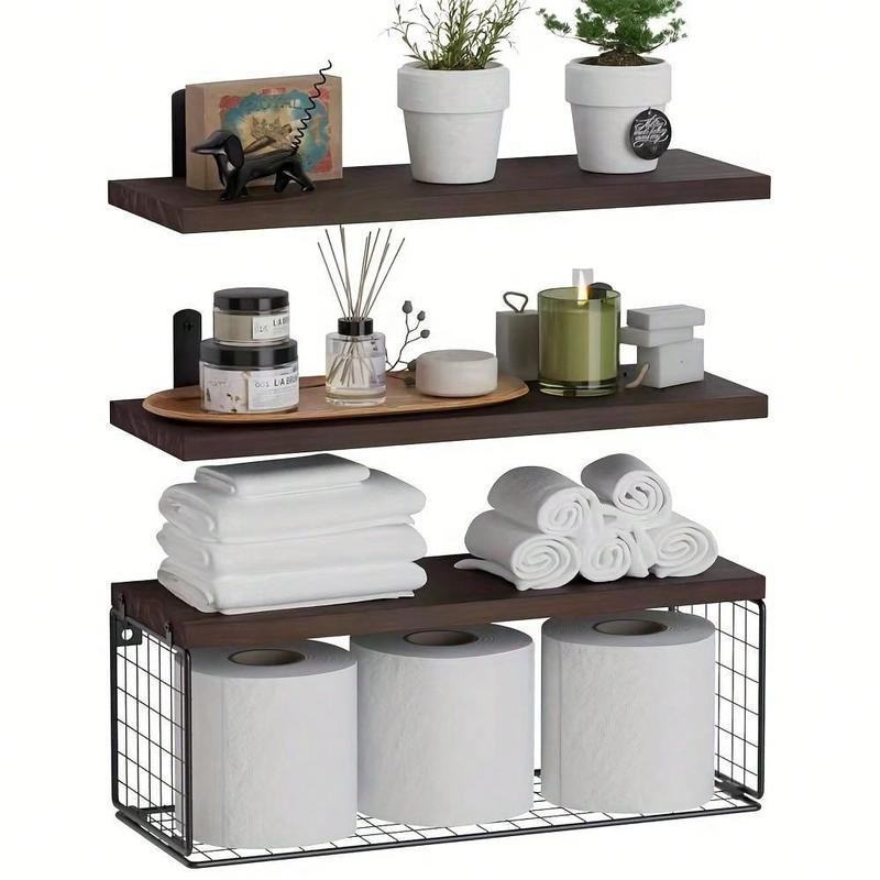 Minimalist Wooden Floating Shelf Set with Baskets, Stylish Wall Storage for Organizing Bedroom Living Room Kitchen, Wall Organizer Shelf, Eco-friendly Wooden Materials, Wall Shelf Unit