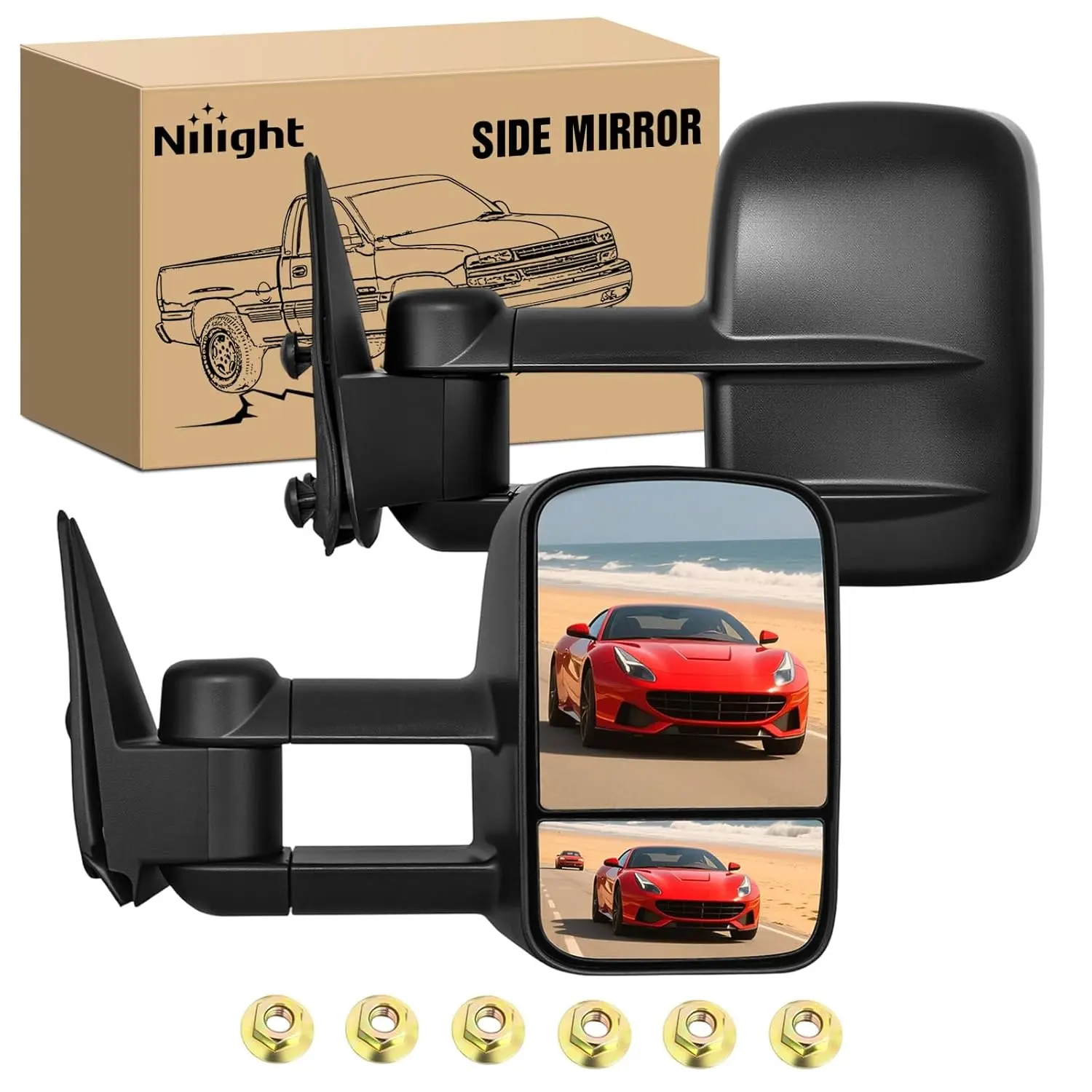 Nilight Aftermarket Truck Towing Mirrors - Manual-Adjusted Flat Convex Glass, Telescoping Folding, Compatible With 1999-2002 Chevy Silverado GMC Sierra 1500/2500/3500 Suburban Tahoe Avalanche Yukon, Truck Accessories