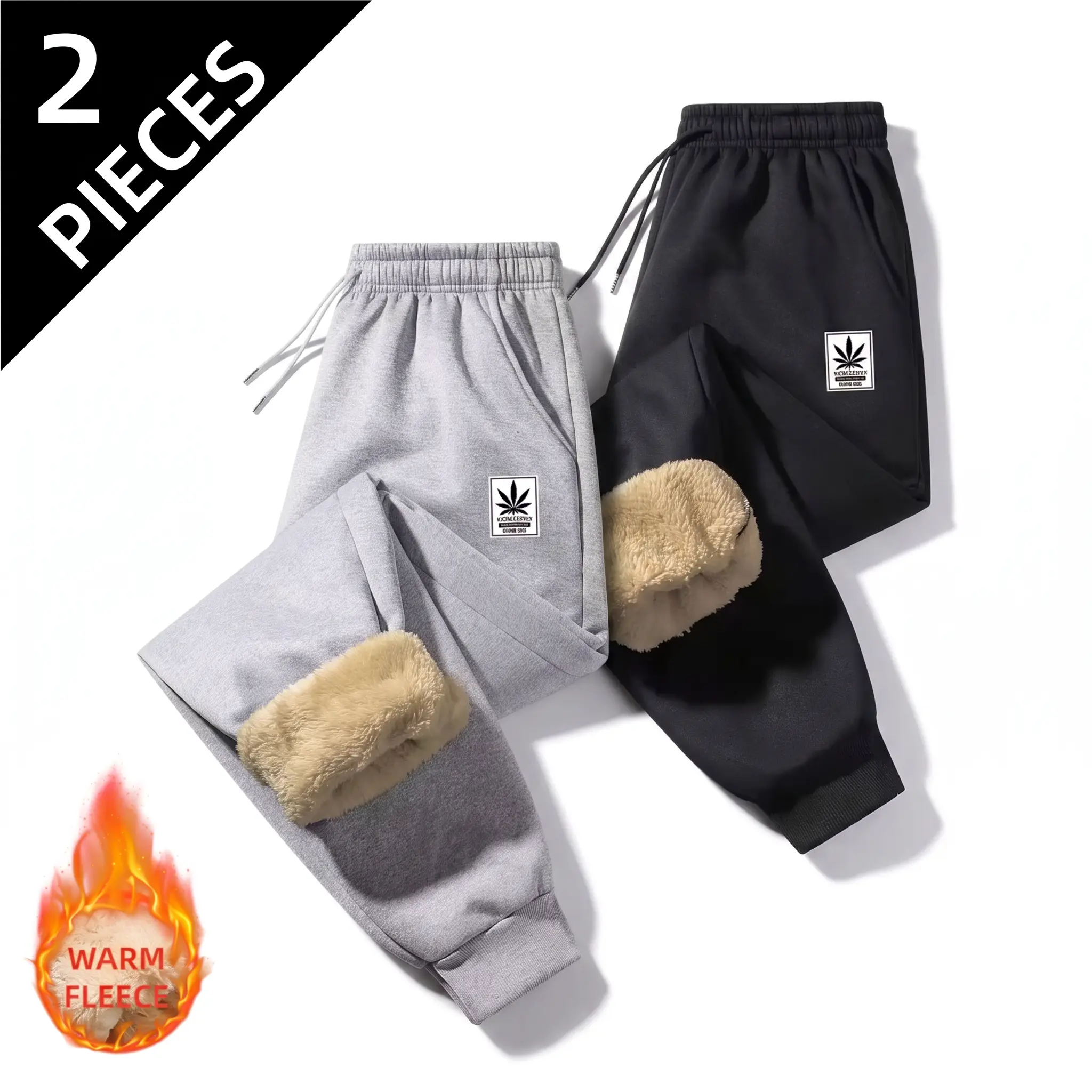 Men’s two-piece winter set featuring fleece-lined warm leg warmers and windproof, waterproof sweatpants; men’s warm long pants, two-piece fleece-lined pants, fluffy and soft, skin-friendly and comfortable, prevents cold air from seeping in from the bottom
