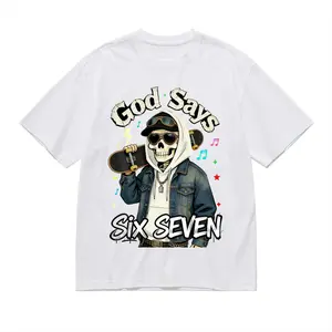 "God Says Six Seven" Funny Skull Skateboarding Skeleton Graphic Print Men's T-shirt Vintage Crew Neck 100% Cotton T-Shirts - Top for Men Short Sleeve Daily Casual Wear Comfortable Soft Breathable Tees Shirts Male Ideal Gifts for Friend Family