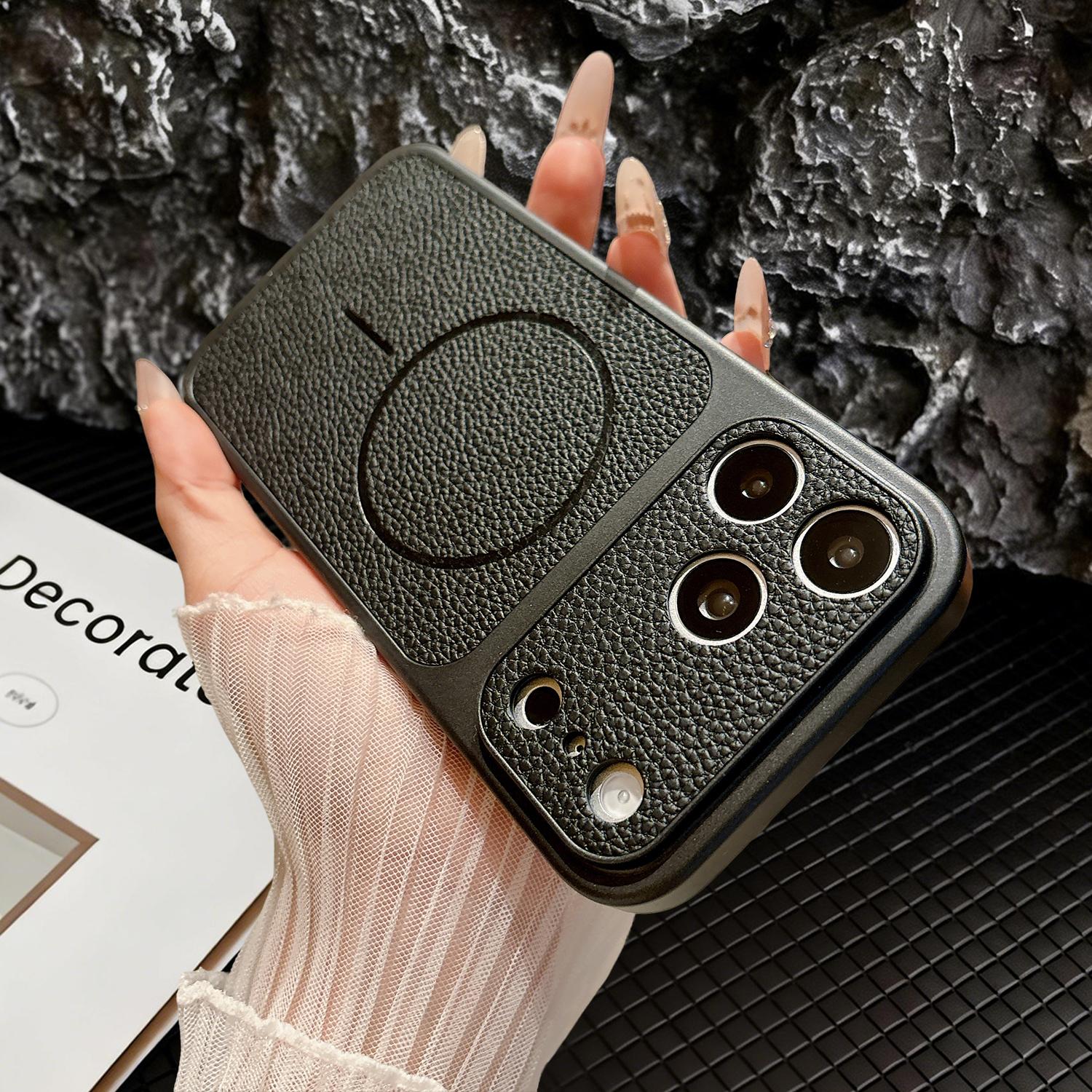 [Free!!Ship!] Matte PU Texture Leather Phone Case for iPhone 17 Pro Max 16 15 14 Mag Safe Military Grade Drop Shockproof Protective Phone Cover