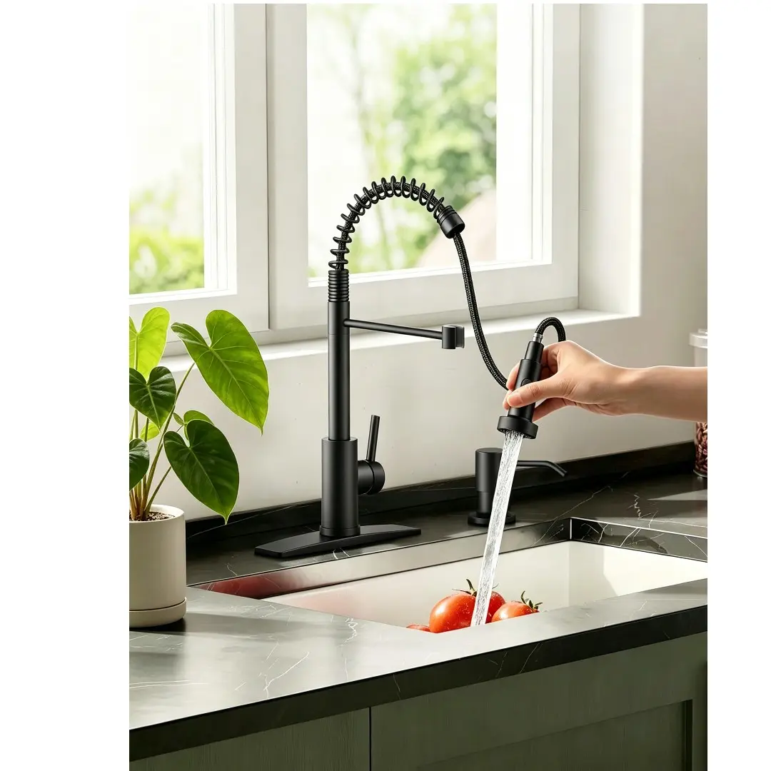 Stainless Steel Kitchen Faucet with Pull-Down Sprayer, Commercial Single Handle, Curved Spout, Stream & Spray Functions, Matte Black or Brushed Nickel Finish
