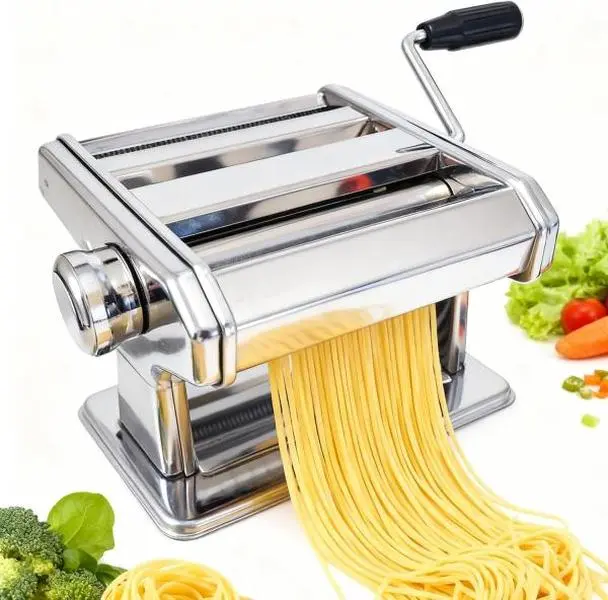 Stainless Steel Hand-Cranked Noodle Maker & Dumpling Wrapper Press - Detachable Metal Slicer Kitchen Accessory for Homemade Ramen, Spaghetti, Gyoza, Pasta, Smooth/Thick Dough, Time-Saving Baby Food Prep, Machine